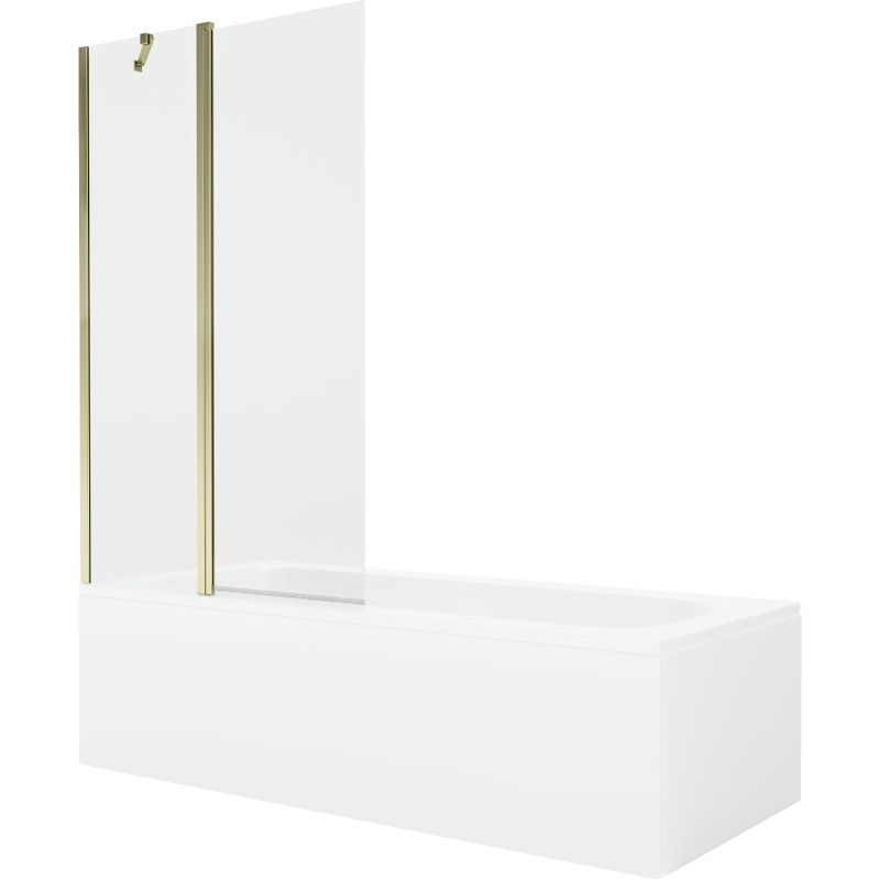 Rektangulært badekar Mexen Vega 170 x 70 cm med front- og sidepanel samt 1-fløjet brusevæg 100 cm i transparent guld – komplet sæt