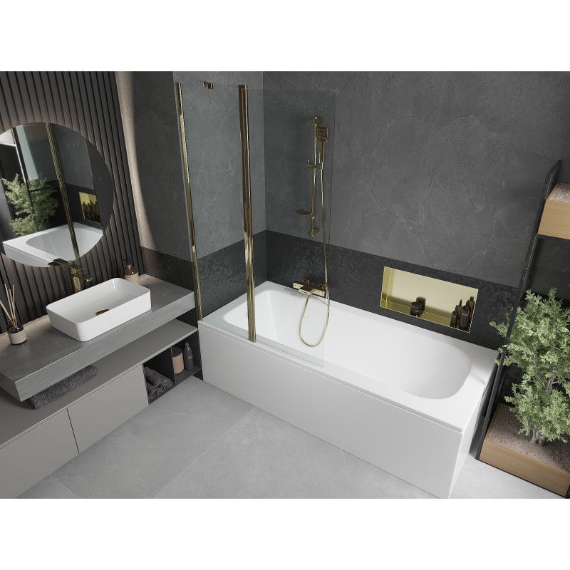 Rektangulært badekar Mexen Vega 170 x 70 cm med front- og sidepanel samt 1-fløjet brusevæg 100 cm i transparent guld – komplet sæt