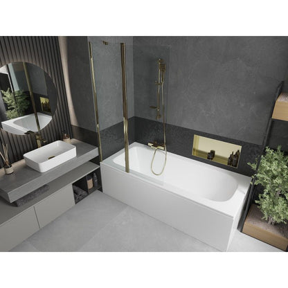 Rektangulært badekar Mexen Vega 170 x 70 cm med front- og sidepanel samt 1-fløjet brusevæg 100 cm i transparent guld – komplet sæt