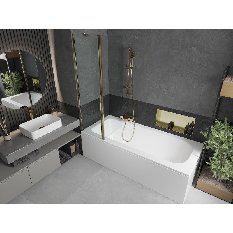 Rektangulært badekar Mexen Vega 170 x 70 cm med front- og sidepanel samt 1-fløjet brusevæg 100 cm i transparent guld – komplet sæt