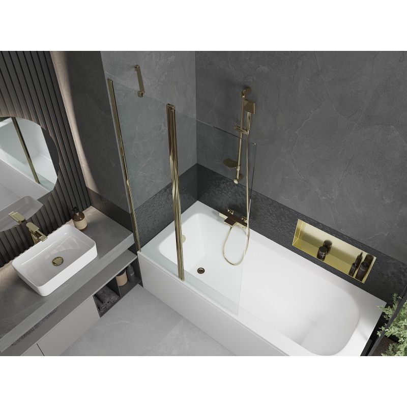 Rektangulært badekar Mexen Vega 170 x 70 cm med front- og sidepanel samt 1-fløjet brusevæg 100 cm i transparent guld – komplet sæt