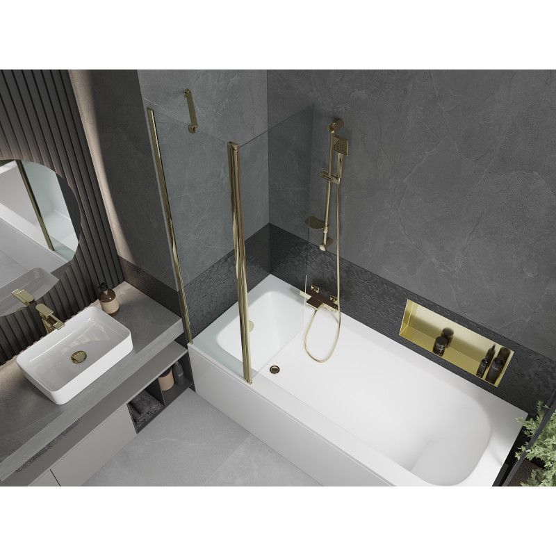 Rektangulært badekar Mexen Vega 170 x 70 cm med front- og sidepanel samt 1-fløjet brusevæg 100 cm i transparent guld – komplet sæt
