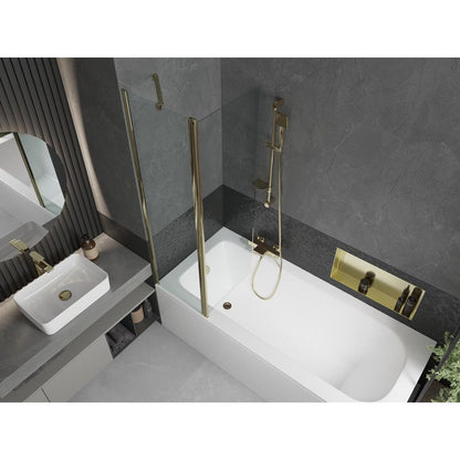Rektangulært badekar Mexen Vega 170 x 70 cm med front- og sidepanel samt 1-fløjet brusevæg 100 cm i transparent guld – komplet sæt