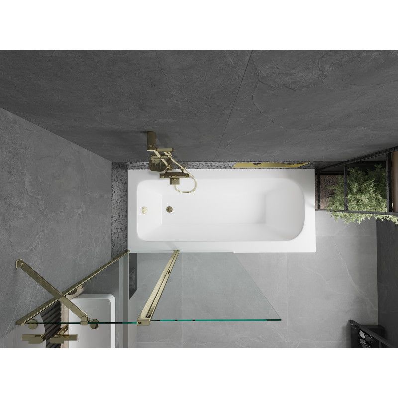 Rektangulært badekar Mexen Vega 170 x 70 cm med front- og sidepanel samt 1-fløjet brusevæg 100 cm i transparent guld – komplet sæt