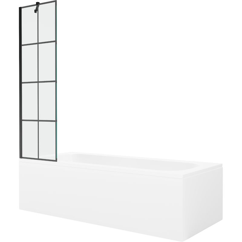 Rektangulært badekar Mexen Vega 170 x 70 cm med frontpanel og 1-fløjet brusevæg 50 cm i mat-sort mønster, 1 sæt