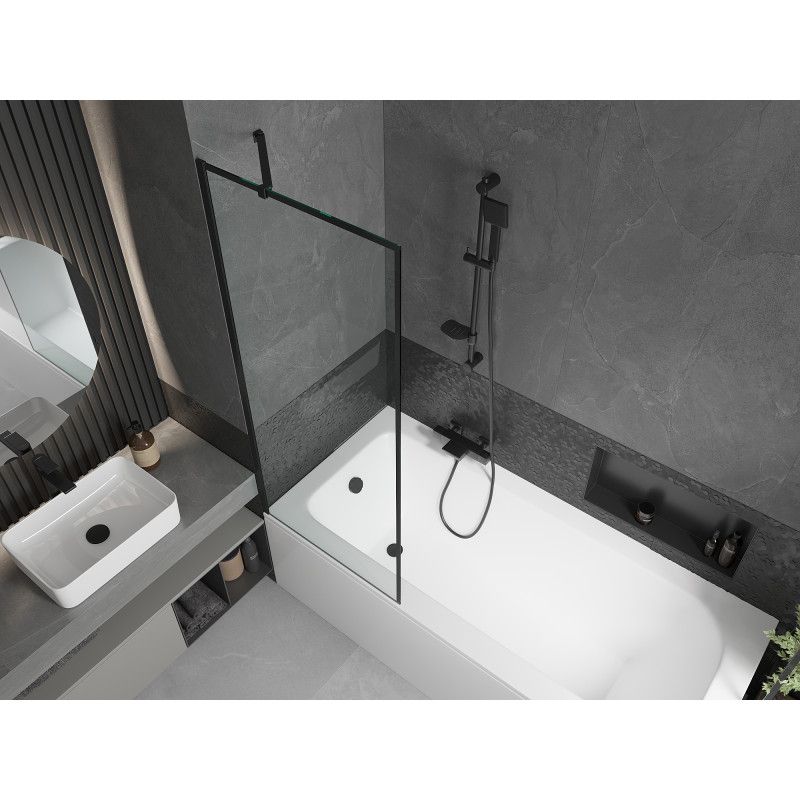 Rektangulært badekar Mexen Vega 170 x 70 cm med front- og sidepanel samt 1-fløjet sort brusevæg 70 cm