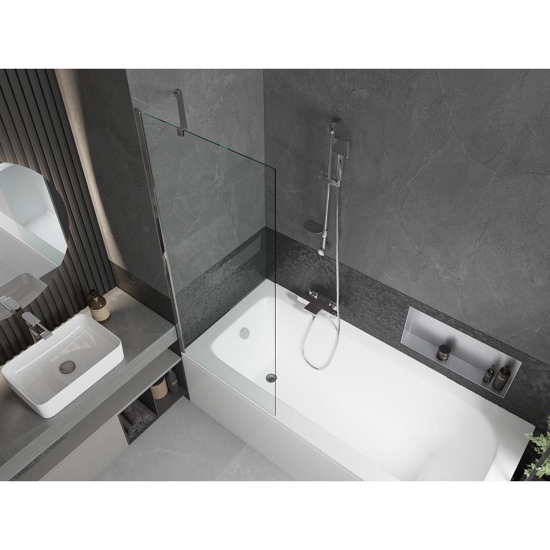 Rektangulært badekar Mexen Vega 170 x 70 cm med front- og sidebeklædning samt 1-fløjet brusevæg 70 cm i transparent krom, 1 sæt