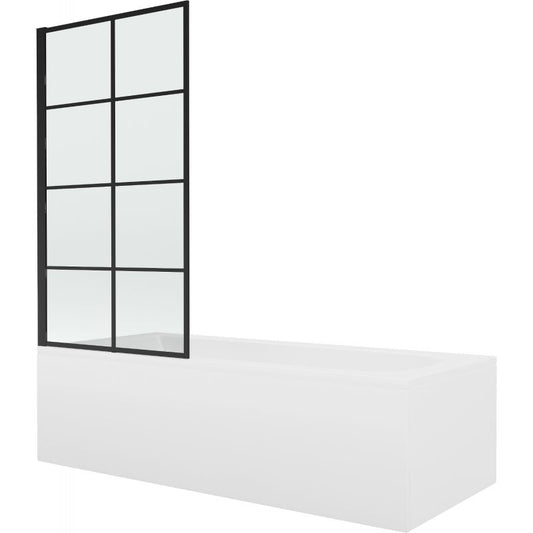 Rektangulært badekar Mexen Vega 170 x 70 cm med front- og sidepanel samt 1-fløjet brusevæg 80 cm i sort mønster fix, komplet sæt