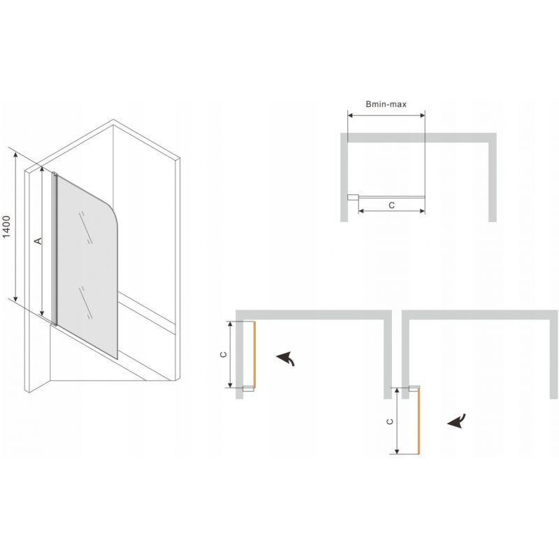 Rektangulært badekar Mexen Vega 170 x 70 cm med front- og sidepanel samt 1-fløjet brusevæg 80 cm i sort mønster fix, komplet sæt