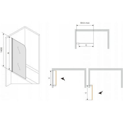 Rektangulært badekar Mexen Vega 170 x 70 cm med front- og sidepanel samt 1-fløjet brusevæg 80 cm i sort mønster fix, komplet sæt