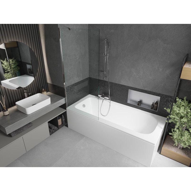 Rektangulært badekar Mexen Vega 170 x 70 cm med frontpanel og 1-fløjet brusevæg 80 cm transparent krom 1 sæt