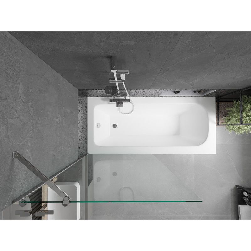 Rektangulært badekar Mexen Vega 170 x 70 cm med front- og sidepanel samt 1-fløjet brusevæg 90 cm i transparent krom, 1 sæt