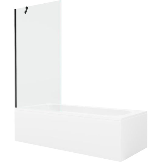 Rektangulært badekar Mexen Vega 170 x 70 cm med front- og sidepanel samt 1-fløjet brusevæg 90 cm i transparent sort