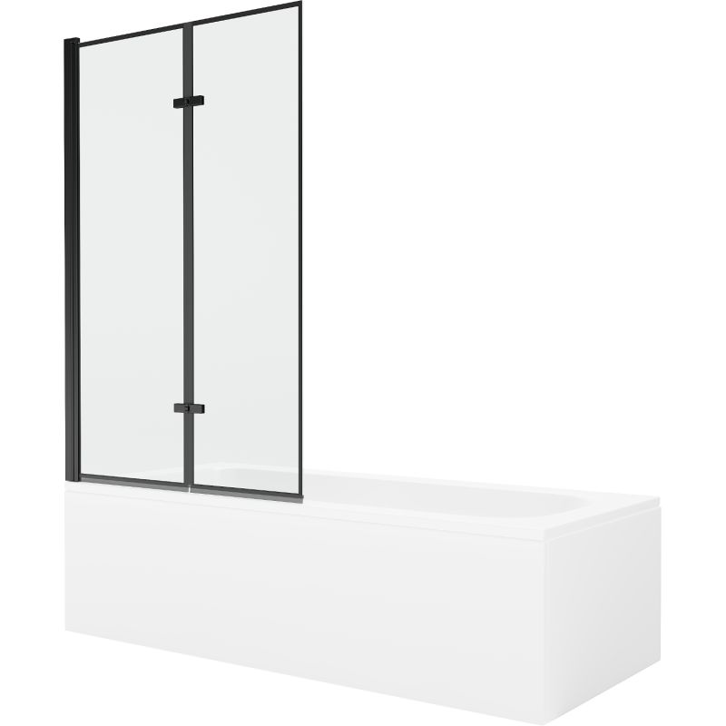 Rektangulært badekar Mexen Vega 170 x 70 cm med front- og sidebeklædning samt 2-fløjet brusevæg 100 cm med sort mønster, 1 sæt