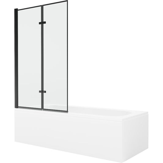 Rektangulært badekar Mexen Vega 170 x 70 cm med front- og sidebeklædning samt 2-fløjet brusevæg 100 cm med sort mønster, 1 sæt
