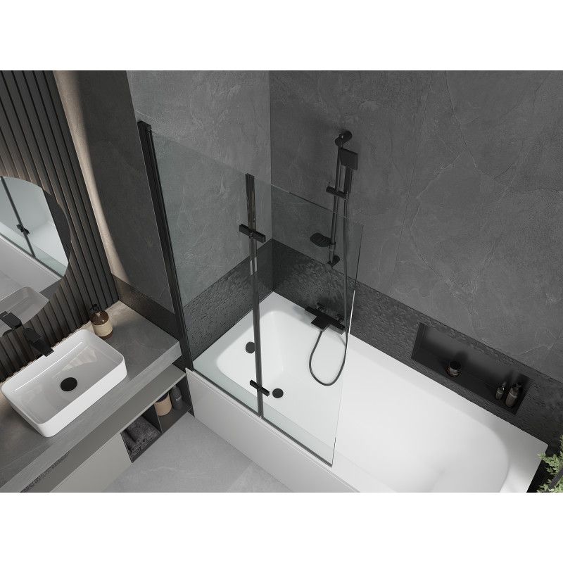 Rektangulært badekar Mexen Vega 170 x 70 cm med front- og sidepanel samt 2-fløjet brusevæg 100 cm transparent sort 1 sæt