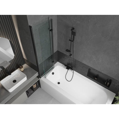 Rektangulært badekar Mexen Vega 170 x 70 cm med front- og sidepanel samt 2-fløjet brusevæg 100 cm transparent sort 1 sæt