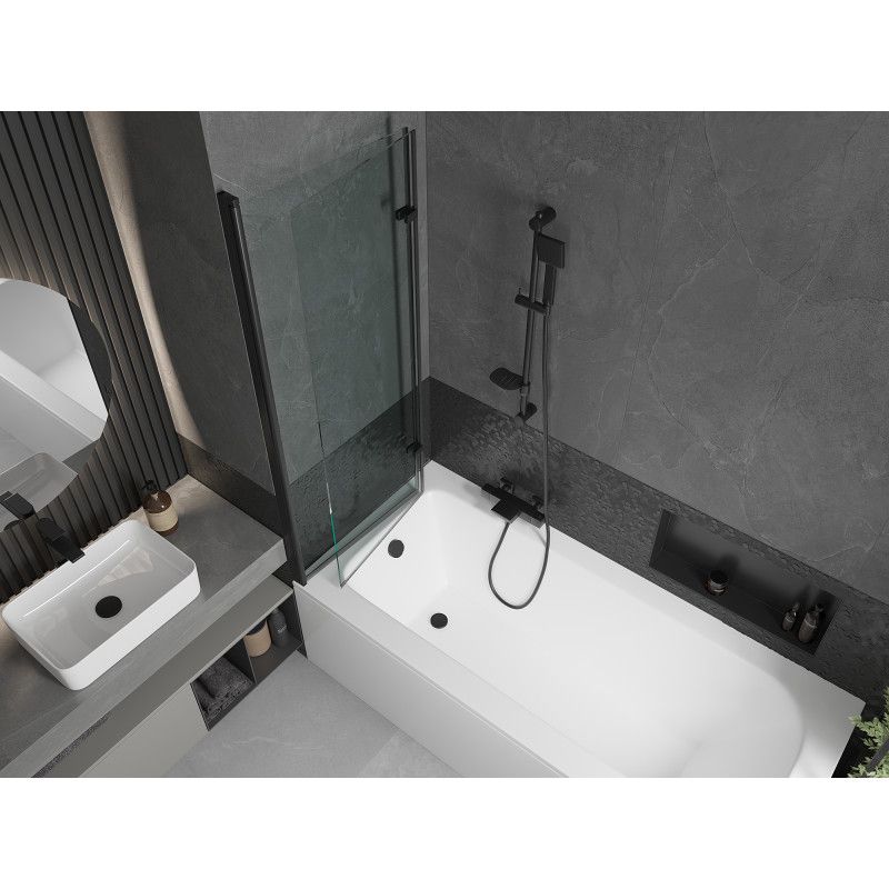 Rektangulært badekar Mexen Vega 170 x 70 cm med front- og sidebeklædning samt 2-fløjet brusevæg 120 cm i transparent sort, 1 sæt