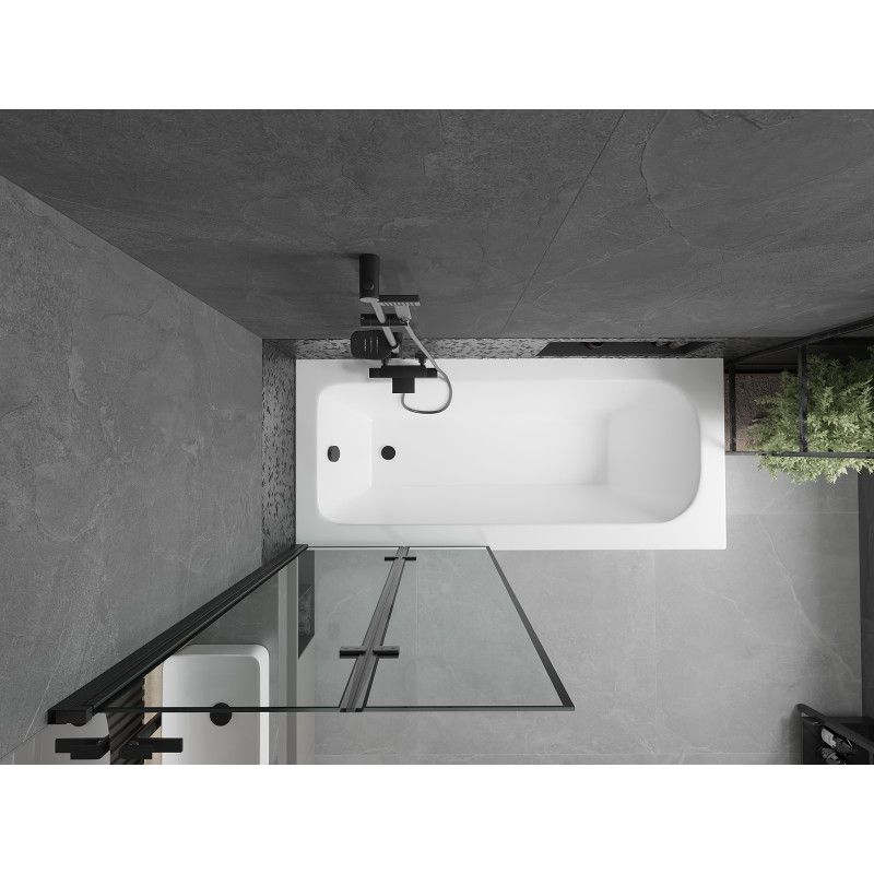 Rektangulært badekar Mexen Vega 170 x 70 cm med frontbeklædning og 2-fløjet brusevæg 80 cm i sort mønster, 1 sæt