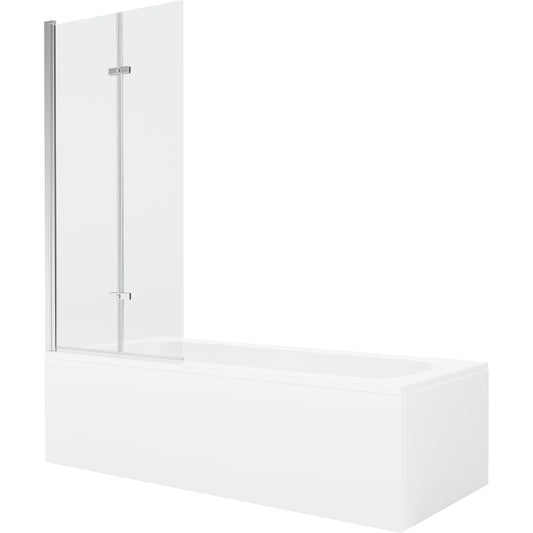 Rektangulært badekar Mexen Vega 170 x 70 cm med front- og sidepanel samt 2-fløjet brusevæg 80 cm i transparent hærdet glas med kromfinish, 1 sæt
