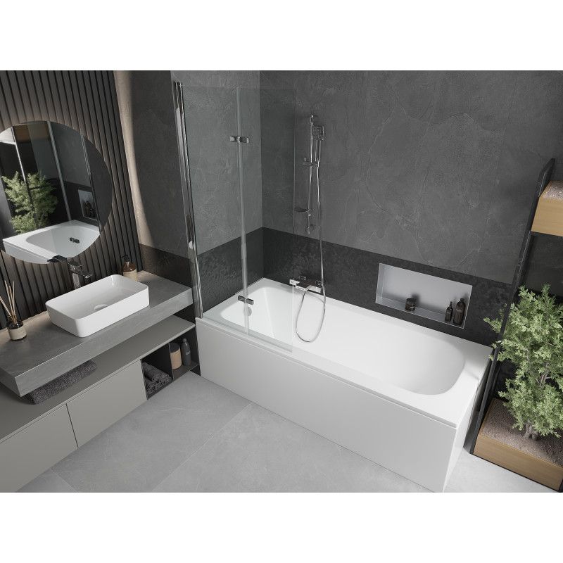 Rektangulært badekar Mexen Vega 170 x 70 cm med front- og sidepanel samt 2-fløjet brusevæg 80 cm i transparent hærdet glas med kromfinish, 1 sæt