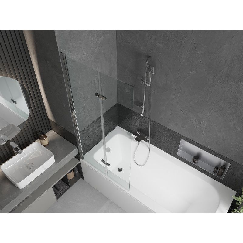Rektangulært badekar Mexen Vega 170 x 70 cm med front- og sidepanel samt 2-fløjet brusevæg 80 cm i transparent hærdet glas med kromfinish, 1 sæt