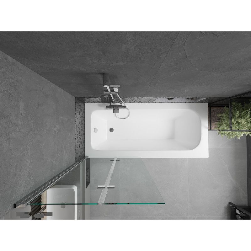 Rektangulært badekar Mexen Vega 170 x 70 cm med front- og sidepanel samt 2-fløjet brusevæg 80 cm i transparent hærdet glas med kromfinish, 1 sæt