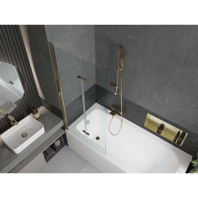 Rektangulært badekar Mexen Vega 170 x 70 cm med front- og sidepanel samt 2-fløjet brusevæg 80 cm i transparent glas med guldfinish, 1 sæt
