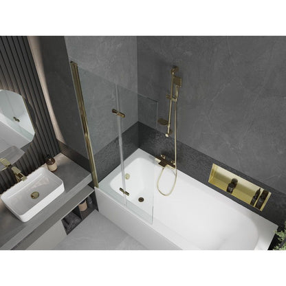 Rektangulært badekar Mexen Vega 170 x 70 cm med front- og sidepanel samt 2-fløjet brusevæg 80 cm i transparent glas med guldfinish, 1 sæt