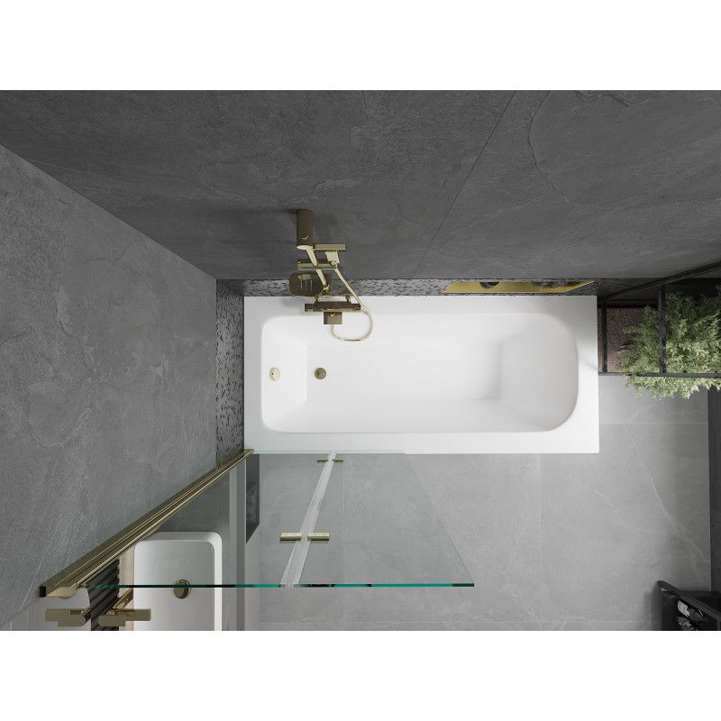 Rektangulært badekar Mexen Vega 170 x 70 cm med front- og sidepanel samt 2-fløjet brusevæg 80 cm i transparent glas med guldfinish, 1 sæt