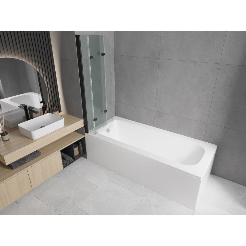 Rektangulært badekar Mexen Vega 170 x 70 cm med frontpanel og 3-fløjet brusevæg 120 cm i transparent sort