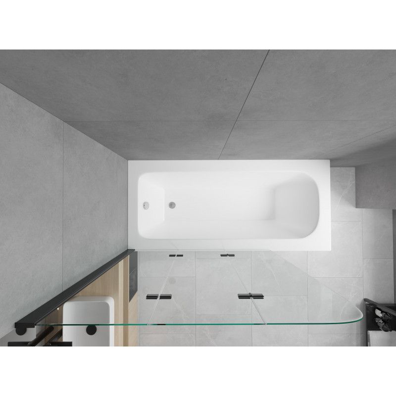 Rektangulært badekar Mexen Vega 170 x 70 cm med frontpanel og 3-fløjet brusevæg 120 cm i transparent sort