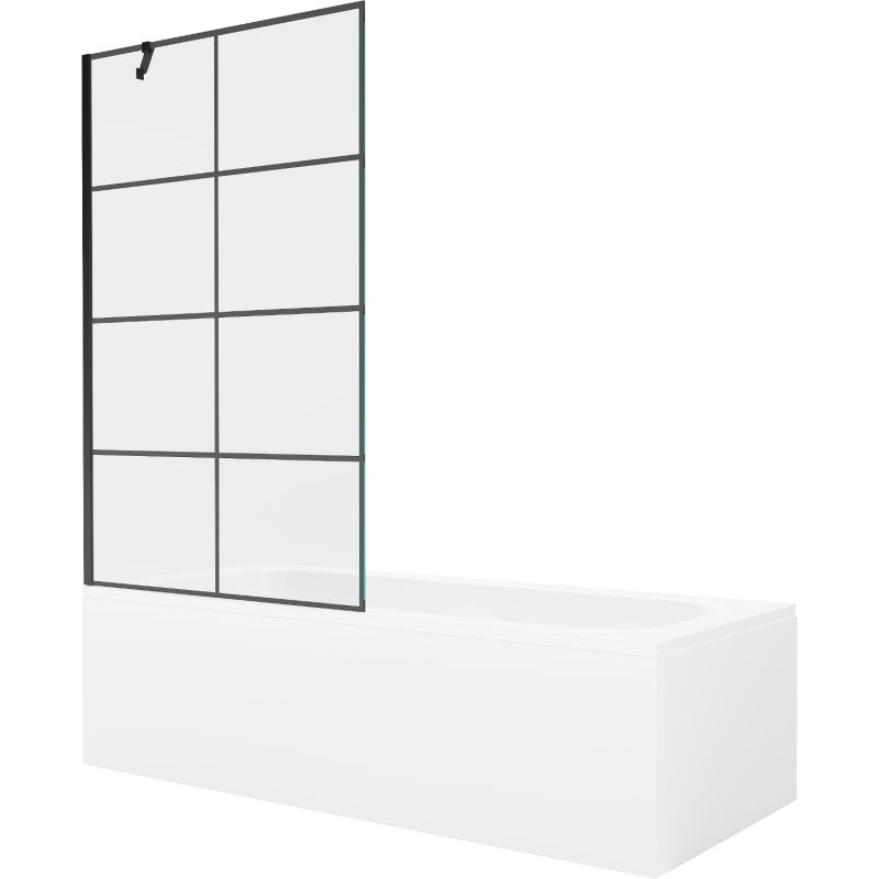 Rektangulært badekar Mexen Vega 180 x 80 cm med frontpanel og 1-fløjet brusevæg 100 cm med sort mønster, 1 sæt