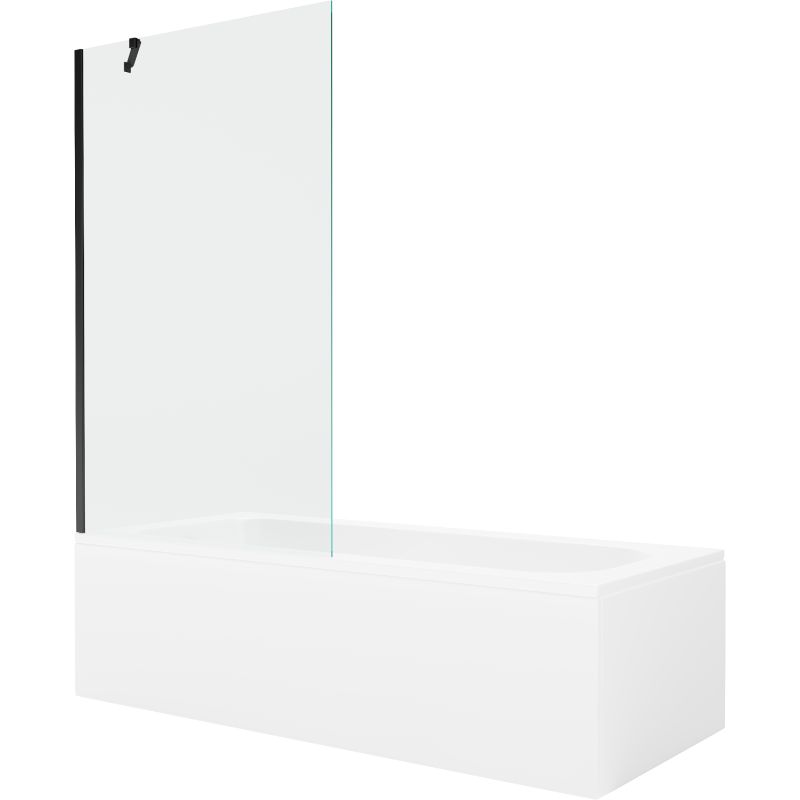 Rektangulært badekar Mexen Vega 180 x 80 cm med frontpanel og 1-fløjet brusevæg 100 cm transparent sort 1 sæt