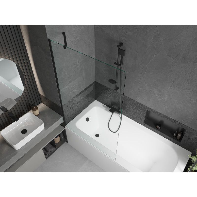 Rektangulært badekar Mexen Vega 180 x 80 cm med frontpanel og 1-fløjet brusevæg 100 cm transparent sort 1 sæt