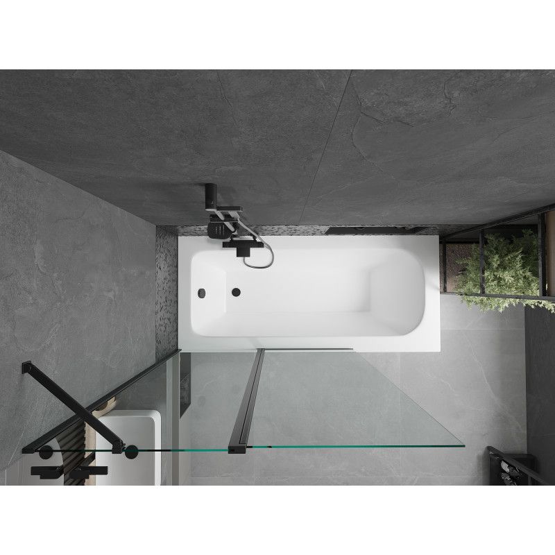 Rektangulært badekar Mexen Vega 180 x 80 cm med front- og sidepanel samt 1-fløjet brusevæg 120 cm i transparent sort