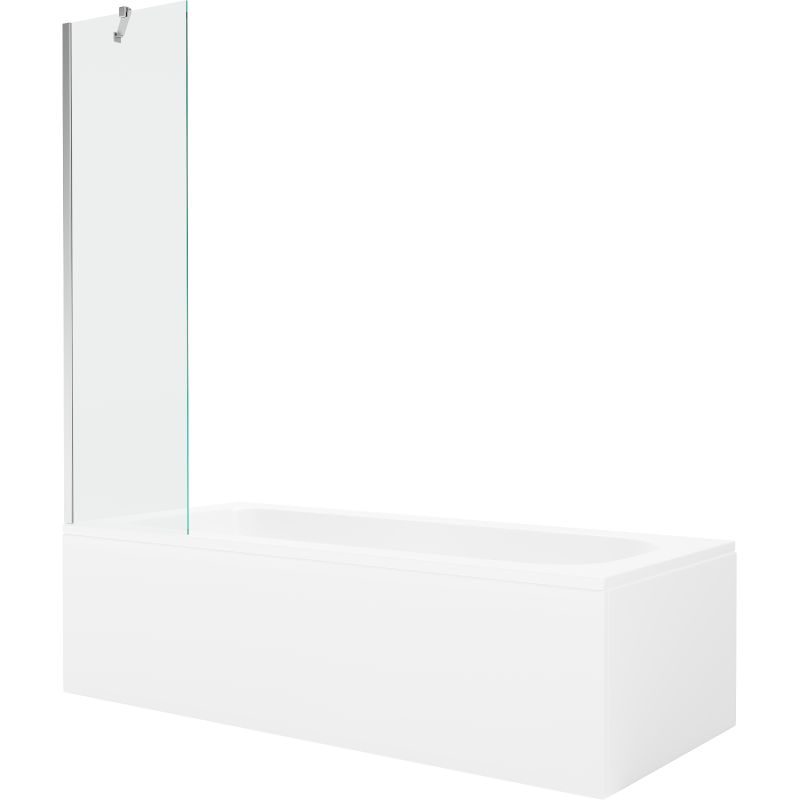 Rektangulært badekar Mexen Vega 180 x 80 cm med front- og sidepanel samt 1-fløjet brusevæg 50 cm i transparent krom, 1 sæt