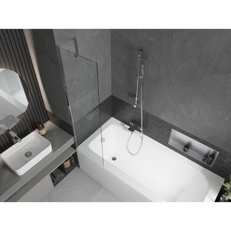 Rektangulært badekar Mexen Vega 180 x 80 cm med front- og sidepanel samt 1-fløjet brusevæg 50 cm i transparent krom, 1 sæt