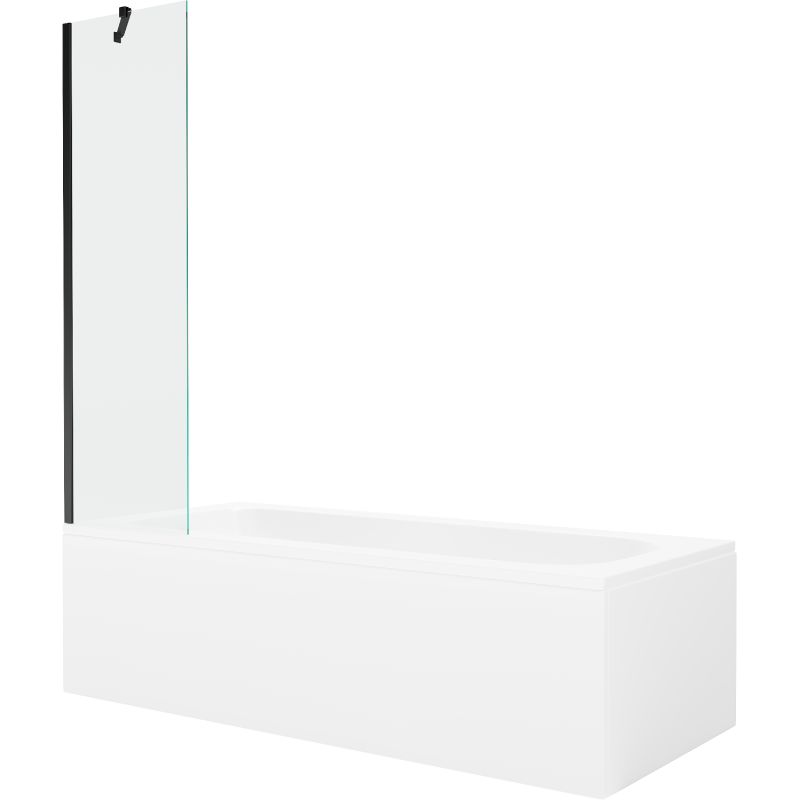 Rektangulært badekar Mexen Vega 180 x 80 cm med front- og sidepanel samt 1-fløjet brusevæg 50 cm i transparent sort, komplet sæt