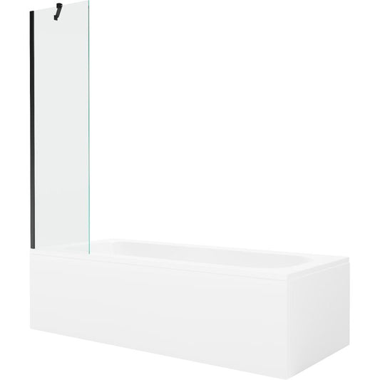Rektangulært badekar Mexen Vega 180 x 80 cm med front- og sidepanel samt 1-fløjet brusevæg 50 cm i transparent sort, komplet sæt