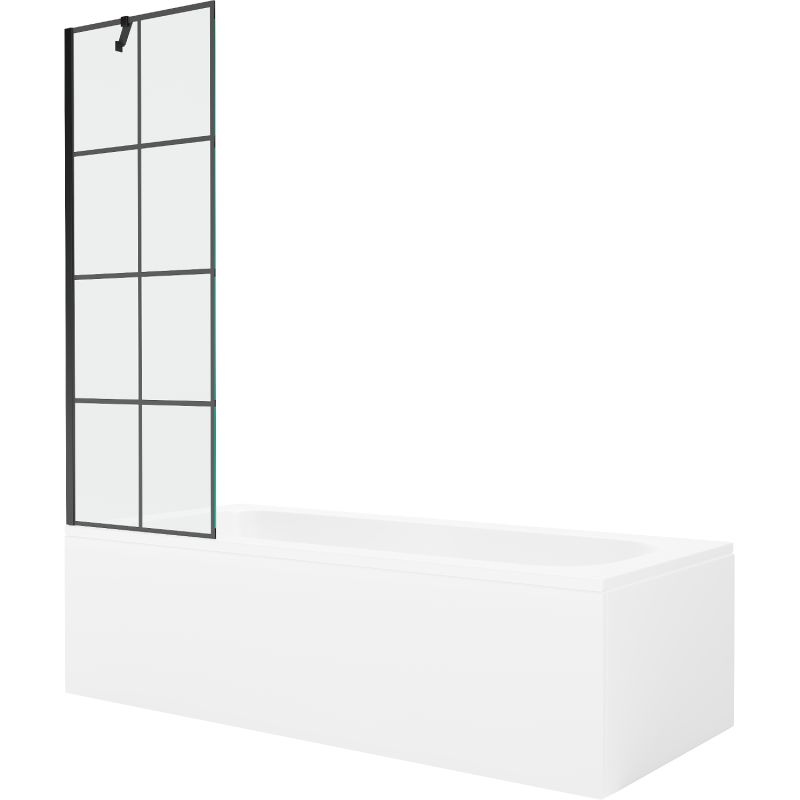 Rektangulært badekar Mexen Vega 180 x 80 cm med front- og sidebeklædning samt 1-fløjet brusevæg 60 cm i sort mønster, 1 sæt