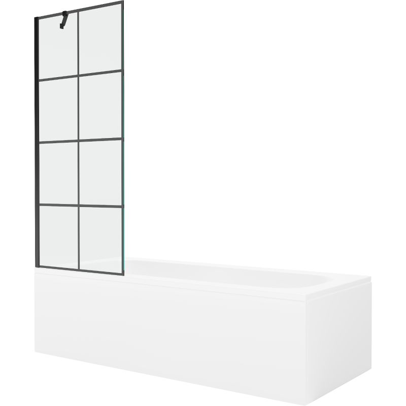 Rektangulært badekar Mexen Vega 180 x 80 cm med frontpanel og 1-fløjet brusevæg 70 cm i sort mønster, 1 sæt