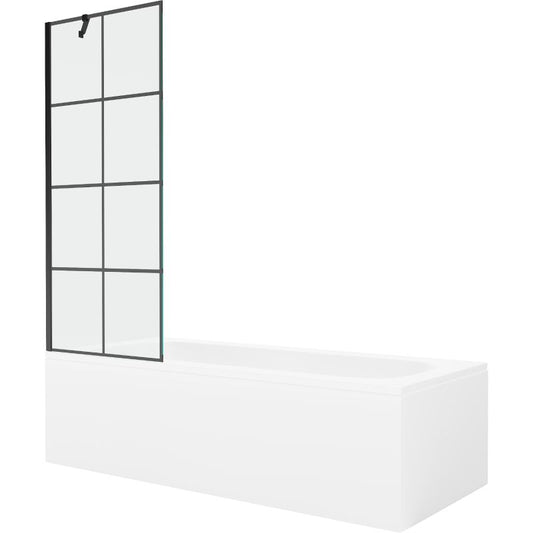 Rektangulært badekar Mexen Vega 180 x 80 cm med frontpanel og 1-fløjet brusevæg 70 cm i sort mønster, 1 sæt