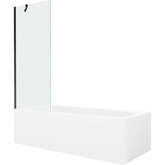 Rektangulært badekar Mexen Vega 180 x 80 cm med front- og sidepanel samt 1-fløjet brusevæg 70 cm i transparent sort