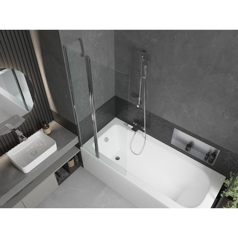 Rektangulært badekar Mexen Vega 180 x 80 cm med front- og sidepanel samt 1-fløjet brusevæg 80 cm i transparent glas med kromfinish, 1 sæt