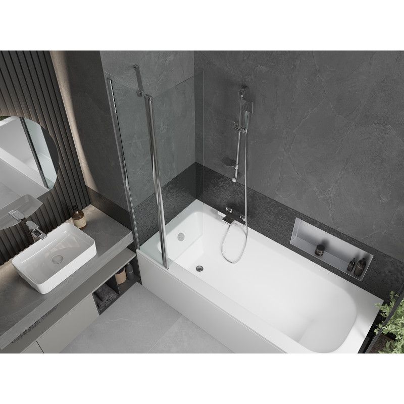 Rektangulært badekar Mexen Vega 180 x 80 cm med front- og sidepanel samt 1-fløjet brusevæg 80 cm i transparent glas med kromfinish, 1 sæt