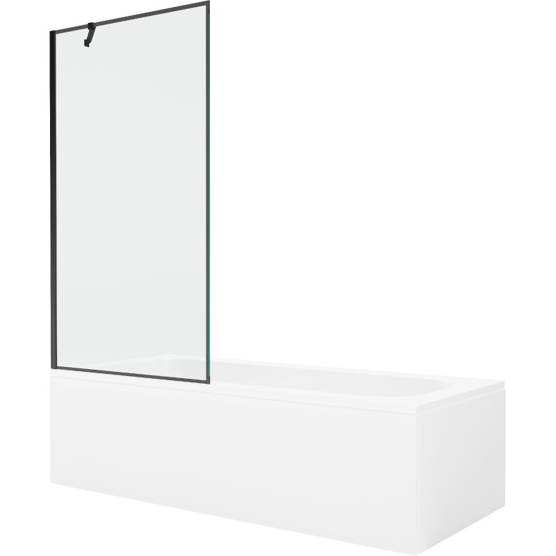 Rektangulært badekar Mexen Vega 180 x 80 cm med front- og sidepanel samt 1-fløjet brusevæg 90 cm i sort mønster, 1 sæt