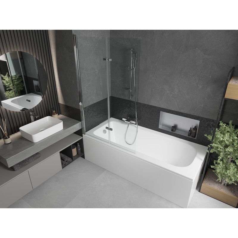 Rektangulært badekar Mexen Vega 180 x 80 cm med frontpanel og 2-fløjet brusevæg 100 cm transparent krom 1 sæt