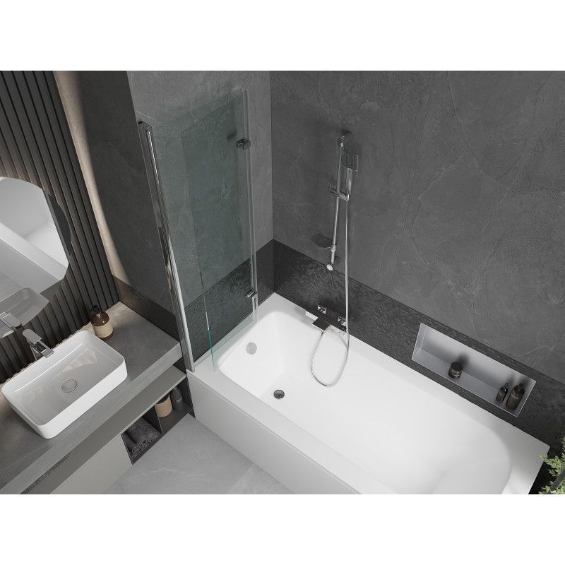 Rektangulært badekar Mexen Vega 180 x 80 cm med frontpanel og 2-fløjet brusevæg 100 cm transparent krom 1 sæt