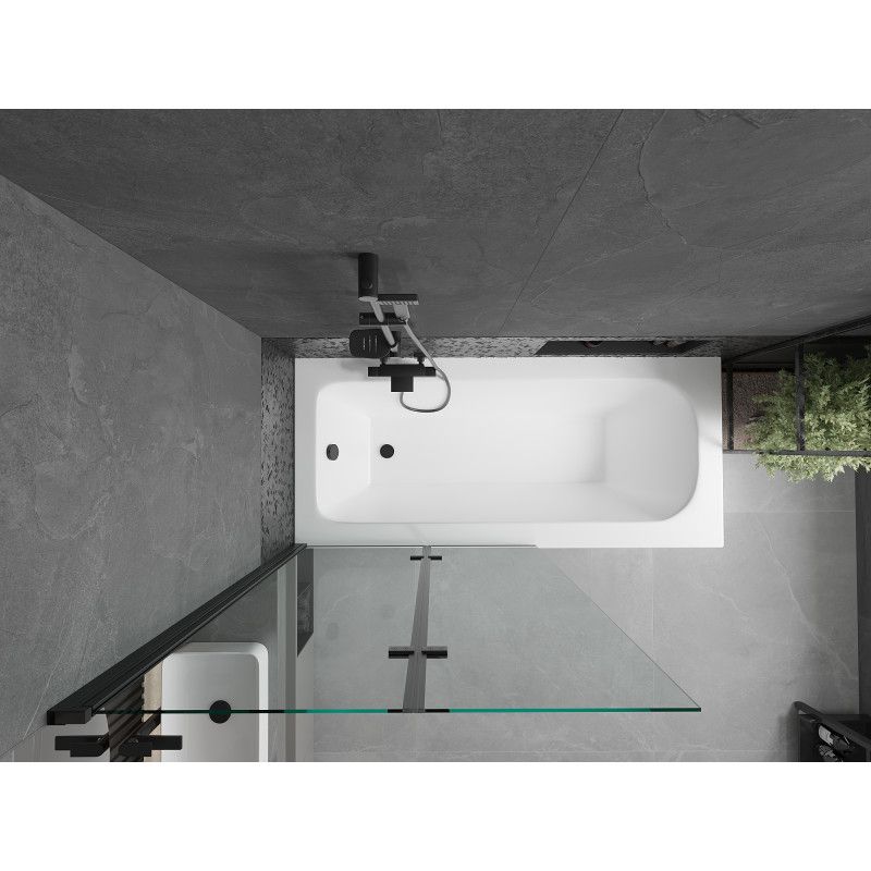 Rektangulært badekar Mexen Vega 180 x 80 cm med front- og sidebeklædning samt 2-fløjet brusevæg 100 cm i transparent sort 1 sæt